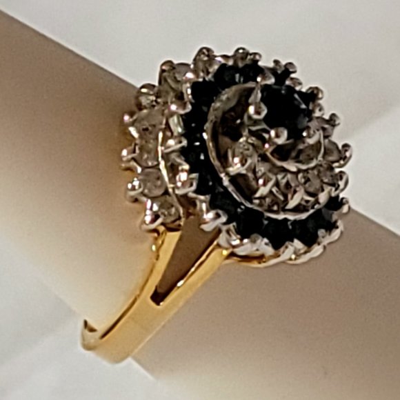 Faux Sapphire & Diamond Swirled Gold Tone Cocktail Ring Size 8 - Picture 2 of 8